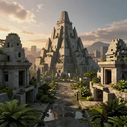 brutalist concrete pyramids in minecraft style by Le Corbusier, abandoned temples, empty city streetscapes, surrounded by lush green vegetation, ground-level view, puddles of water, stunning volumetric lighting, sunset, trending on Artstation, 8k, photorealistic, hyper detailed, unreal engine 5, cinematic, epic lighting, cryengine, octane render, cyberpunk,, dark, gloomy