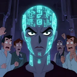 a malevolent digital intelligence, portrait of a digital consciousness, glowing digital runes, panicked scientists in the background, brutalism, futurism, rhads!!!, james gurney, ( art fitzpatrick ), ( asaf hanuka ), ( ( barclay shaw ) ), ominous, saturday morning cartoon, clean linework, western animation