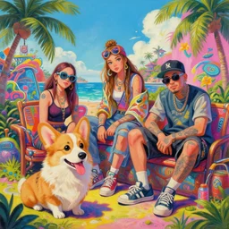 beautiful painting of sunny hiphop solarpunk summertime chill with corgi, by dao le trong, daniela uhlig, craig mullins, craig davison. trending on artstation, 8 k, masterpiece, graffiti paint, fine detail, full of color, intricate detail, golden ratio illustration