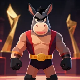 evil donkey in wrestler outfit is heroically looking into the camera, blurry background, 2 d digital vector art, highly realistic, highly detailed, medium shot, low angle, dramatic lighting, picture of the year award