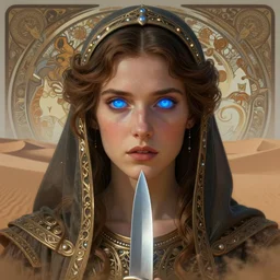 photography of alia atreides of the knife, completely blue glowing eyes, deep focus, dune, science fiction, intricate, elegant, highly detailed, digital painting, artstation, concept art, matte, sharp focus, illustration, hearthstone, art by artgerm and greg rutkowski and alphonse mucha