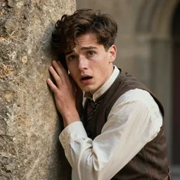 A terrified young man in 1930s attire cornered with his back against a stone wall