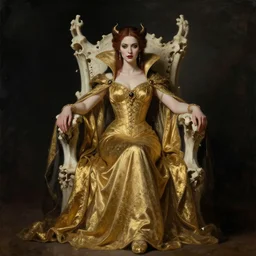 full body portrait of beautiful vampire queen in gold gothic robes sitting on a throne of bones, elegant, highly detailed painting by gaston bussiere, craig mullins, j. c. leyendecker, 8 k, mid shot