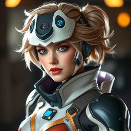 full portrait of emma stone dressed in an overwatch cosplay costume, hyper detailed, award winning