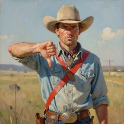 a painting of a cowboy saying no and giving a thumbs down, trending on artstation