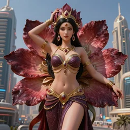 Beautiful 3d render of the flower queen goddess in a sensual pose, centered, symmetry, with the third eye on her forehead, painted, intricate, volumetric lighting, beautiful, rich deep colours masterpiece, sharp focus, ultra detailed, in the style of Dan Mumford and marc simonetti, with a clear crowded futuristic cyberpunk dubai city in the background, astrophotgraphy