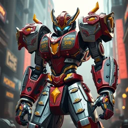 a shiny ornate boxing humanoid mecha in ruin city, epic pose, bright, by war robots, real steel ( 2 0 1 1 ), westworld and eve venture and pacific rim and machine warrior 5, cryengine, frostbite 3 engine, scarlet and yellow scheme, sharp focus, 8 k, high definition, insanely detailed, soft lighting, smooth face