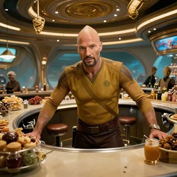 a life like still of jean luc picard at an andorian snack bar, staggering quality, intricate complexity, golden ratio, kojima