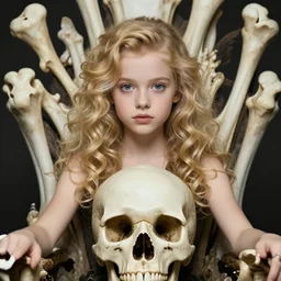 editorial photo of girl on bones throne, glo - fi, blonde, curly hair, clean big eyes, symmetrical beautiful face, clean skin, skull jewelry, native costume and accessories,, fashion editorial photography, hyperrealistic, from vogue magazine, ultra realistic, artgerm, reflections, gold intricate, 5 0 mm lens, icm