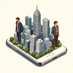 editorial illustration portrait of an isometric iphone with a city on top, mads berg, christopher balaskas, victo ngai, rich grainy texture, detailed, dynamic composition, wide angle, matte print, unreal engine, screen print, ( ( dither ) )