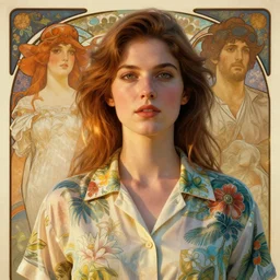 Claire Elizabeth Cottrill wearing vintage hawaiian rayon shirt, rule of thirds,  accurately portrayed, portrait art by alphonse mucha and greg rutkowski, highly detailed, digital painting, concept art, illustration, ethereal lighting with twilight rays of sunlight, trending on artstation, very detailed, smooth, sharp focus, octane render, close up