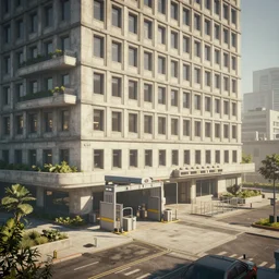 screenshot of game on unreal engine 5, a large government building with a security checkpoint, no windows, garden terraces, inner city, photorealistic, retrofuturism, brutalism, minimalist, soft vintage glow