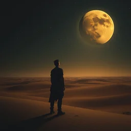 a man in the desert staring at the sky, cinematic composition, dark color scheme, artstation