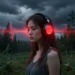 portrait, girl with headphones by greg rutkowski, in a forest clearing, storm clouds, red glow melting up from the headphones, ethereal, thomas kinkade, sound waves, powerful zen composition, by takehiko inoue and ross tran, elegant, realistic