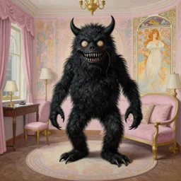 hyperrealistic detailed painting of a black scary monster in an hotel room, art by ernst haeckel, john william godward, hammershøi, alphons mucha, pontormo, ornamental, decorative, art nouveau pattern, deep pastel colors,