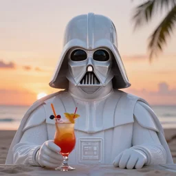 symmetry!! closeup!!! symmetrical - face!! white darth vader relaxing on a beach in jamaica during sunset with a cocktail, cinematic lighting, sunset, 8 k - resolution!!, hyperrealism, national geographic, award winning, artstation, unreal engine 5, octane, redshift