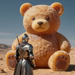 A candy knight facing a giant gummy bear