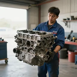photo of mechanic carrying heavy engine block across garage