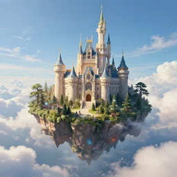 in the blue sky on top of little fluffy clouds levitates a beautiful fantasy island, on the island is a beautiful rococo castle with a magic forest, cinematic lighting fantasy elegant retro futuristic hyperdetailed artstation, very long shot, panorama