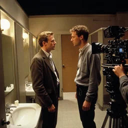 photoreal wide cinematography of butler character delbert grady played by actor philip stone in a public restroom from stanley kubrick's film the shining, inside the elstree studios soundstage set for the overlook hotel shot on 3 5 mm eastman 5 2 4 7 film by the shining cinematographer john alcott shot on a kinoptik 9. 8 mm wide lens