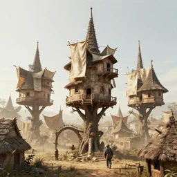 post - medieval village of treehouses, silk tarps hanging, dry archways and spires, light dust, by peter mohrbacher dan mumford craig mullins nekro, cgsociety, pixiv, volumetric light, 3 d render