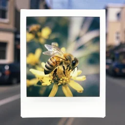 polaroid of a close up of bees in the city