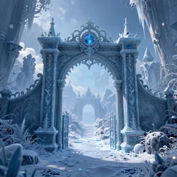 gateway to a frozen realm in a dreamy beautiful fantasy landscape. Digital art. Very detailed. Trending on artstation.