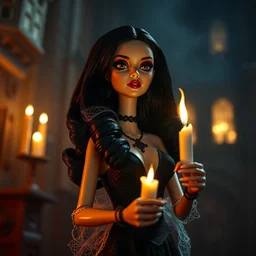 2 8 mm closeup old flash photo of a creepy seductive gothic disney whimsical elvira barbie dolls with black hair standing in a haunted mansion at night holding a candle, spider webs, glamour pose, guillermo del toro, hp lovecraft, wes anderson, volumetric lighting, mist, golden hour, ilya kuvshinov, wes craven, greg rutkowski,
