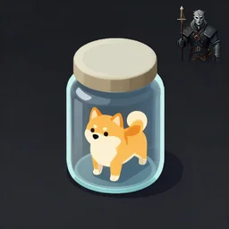 icon of a tiny shiba inu in a jar, artstation, rpg, digital art, isometric, dark background, dark souls, the witcher 3, crusader kings, skyrim