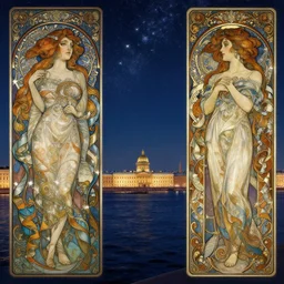 a view from the neva river in saint petersburg at night with the sky full of stars, intricate, elegant, highly detailed, digital painting, artstation, concept art, smooth, sharp focus, colored illustration for tattoo, art by krenz cushart and artem demura and alphonse mucha,
