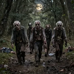 group of old zombies walking together on a muddy track surrounded by woodland, dead bodies lying around, in weak half moon light, high resolution detailed realistic photo