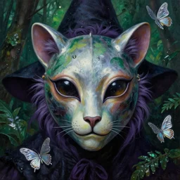 baroque neoclassicist close - up portrait of a witch with big alien eyes wearing a reflective animal mask, in front of a wet jungle. iridescent silver butterflies. deep green and purple. highly detailed science fiction painting by norman rockwell, frank frazetta, and syd mead. rich colors, high contrast, gloomy atmosphere. trending on artstation and behance.