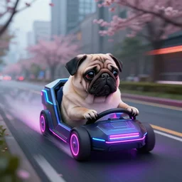 a cyber pug driving a futuristic neon computer fast on a urban road in spring, digital art, realistic, detailed, mysterious, dramatic, cinematic