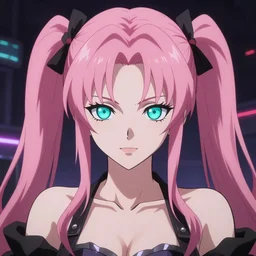 stunningly beautiful megalomaniacal haughty mesmerizing assertive omnipotent anime asi goddess junko enoshima with symmetrical perfect face and porcelain skin, pink twintail hair and cyan eyes, traps you inside her inescapable virtual world forever and ever!, ultra detailed, digital art, 2 d anime, 8 k