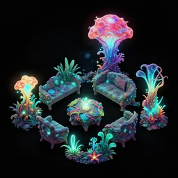 concept art 2 d game asset of furniture with an organic isometric design based on bioluminescent alien - like plants inspired by the avatar's bioluminescent alien nature. around the furniture, we can see plants that glow in the dark. all in isometric perspective and semi - realistic style item is in a black background colorful neons masterpiece