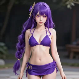 a very beautiful mature raiden of genshin impact, full body, long wavy purple hair, purple eyes, full round face, bikini, miniskirt, front view, mid - shot, cute pose, highly detailed, cinematic wallpaper by stanley artgerm lau
