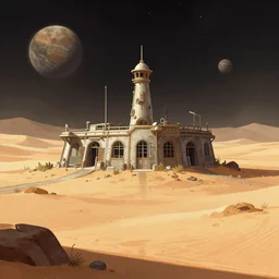 in front of the remains of an abandoned outpost, on a desert planet, from a space themed point and click 2 d graphic adventure game, art inspired by tomb raider and thomas kinkade