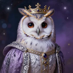 close-up portrait of anthropomorphic owl Prince, man with a head of barn owl, in a crown, wearing long royal robe, lilac, silver, black, bokeh, blurred space, stars, dreamy, romantic, painting in the museum, highly detailed, sharp focus, digital painting, artwork, by John James Audubon by Victor Adame Minguez by Yuumei by Tom Lovell by Sandro Botticelli