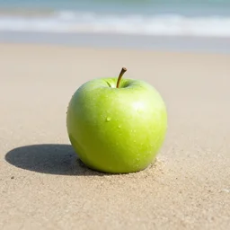 a green apple on a beach