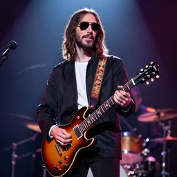 jesus as a rockstar, playing guitar on stage of hell, sunglasses, classy