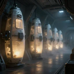 epic professional digital art of interior scene of dim spaceship room of upright lit and fogged stasis pods lining wall, cinematic, detailed, intricate, grand, artstation, cgsociety, epic, stunning, gorgeous, wow wow detail