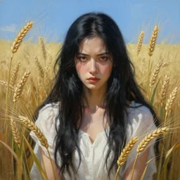 hyper realistic detailed painting of a paludnitsa! ( in a lush wheat crop ). perfect face, beautiful!, white dress, menacing!, melancholic!!, long black hair, blue sky, highly detailed, sharp focus, digital painting, art by eddie mendoza, detailed and intricate environment, highly detailed, award winning.