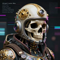 portrait of a dead cyberpunk space pirate in concept armor with gold and jewels cyborg skull details, a futuristic prototype oxygen intake helmet, analogue interferences, by Abigail Larson + Alan Lee + Audrey Kawasaki + Giovanni-Piranesi + Winsor-McCay + Howard-Pyle, headshot, 8k vhs glitch, cinematic, sharp focus, smooth, sense of awe