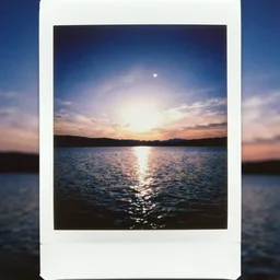 analog polaroid of a view over a lake, sky with a moon visible in the background, color bleed