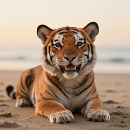 a closeup photorealistic photograph of a cute smiling tiger bichon laying out at the beach during sunset. professional capture, well lit shot. this 4 k hd image is trending on artstation, featured on behance, well - rendered, extra crisp, features intricate detail, epic composition and the style of unreal engine.