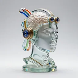 a glass statue of a steampunk aztec futuristic robot head wearing brain sensors with multicolored tubes and a headset, 8 k, front shot, symetrical, flourescent colors, halluzinogenic, multicolored, insanely detailed, front shot, 3 d render, octane