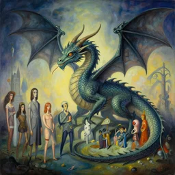 an ultrawide angle lens shot alien dragon, surreal illustration by jerico santander, heidi taillefer, joshua levin, mark ryden, giorgio de chirico, alexandra gallagher, michael cheval, yves tanguy, lauren marx, jake messing, hannah yata, caitlin hacket. decentralized composition. visionary psychedelic fineart painting