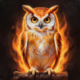 realistic portrait beautiful painting of burning malaysia owl, moon pupil. full body, fine art, trending on artstation, smooth draw, sharp focus, digital art, bright colors, fine draw, perfect lighting, high render, high resolution.
