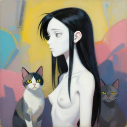 greg manchess portrait painting of white pale skinny young girl 1 8 with long black hime haircut as overwatch character, and two cats beside, medium shot, asymmetrical, profile picture, organic painting, sunny day, matte painting, bold shapes, hard edges, street art, trending on artstation, by huang guangjian and gil elvgren and sachin teng