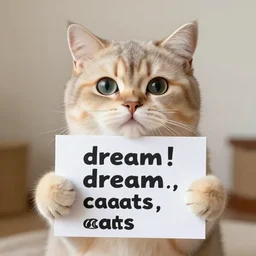 realistic high quality photo of a cute cat holding a sign with text that reads : dream,! dream! dreams caaats, cats, cas
